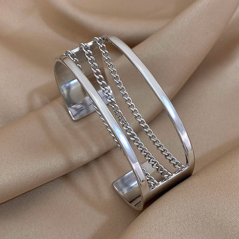 Fashion Gold Silver Color Stainless Steel Cuff Bracelets for Women Chunky Multilayer Thick Chain Wide Bangle Waterproof Jewelry