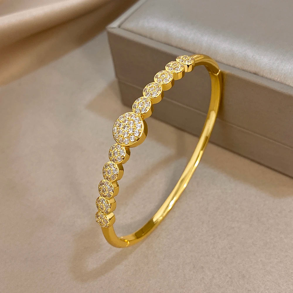 Gold-plated zircon cuff bangle with round pavé stones