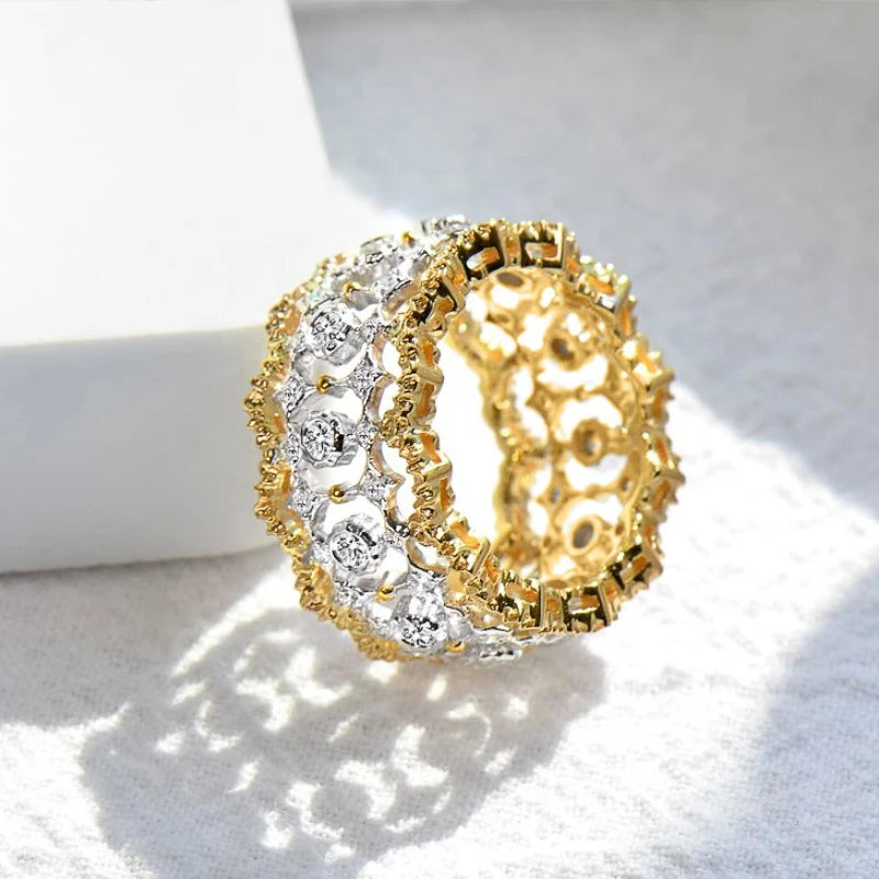 Luxury Hollow-out Design Ring For Women Two-tone Style Zirconia Jewelry