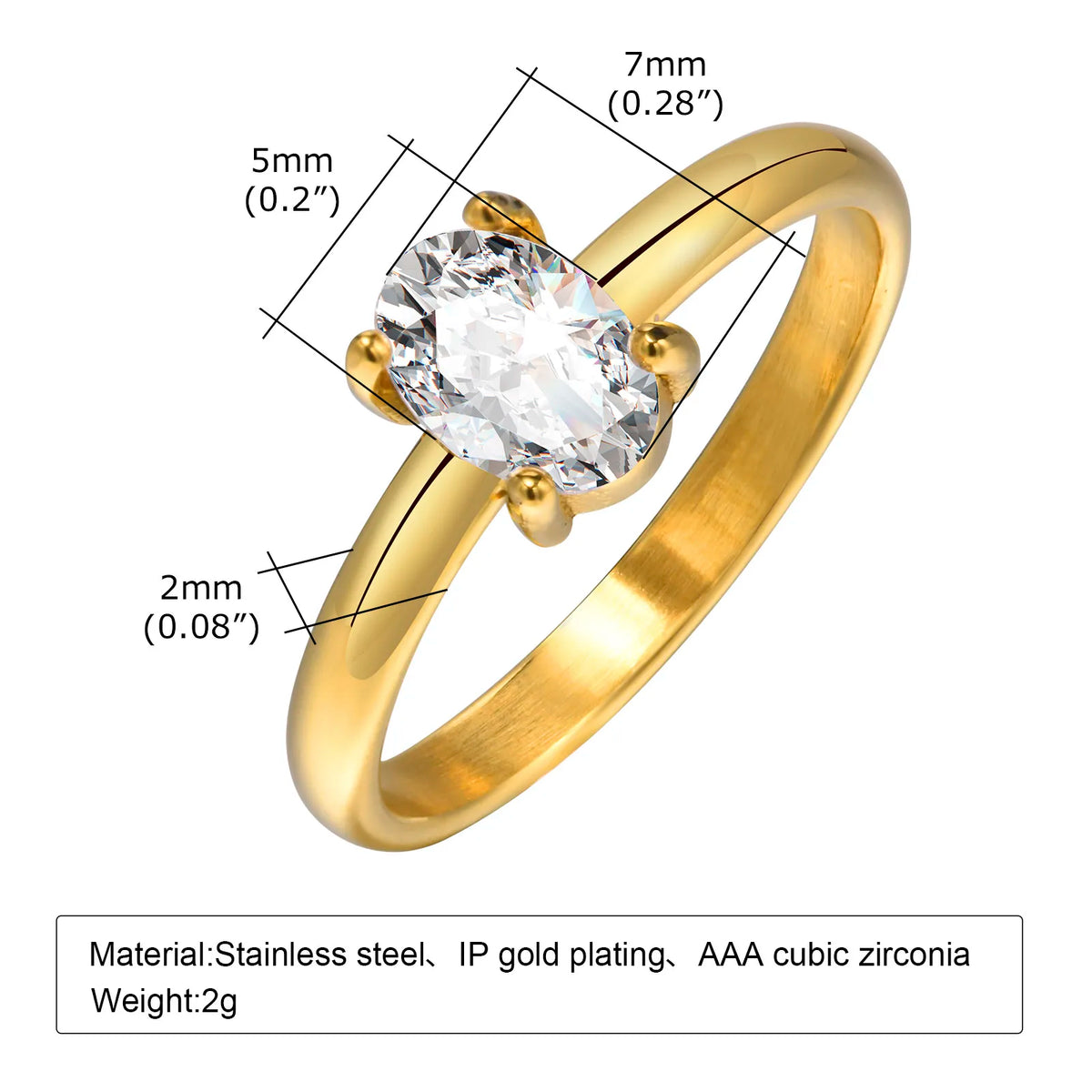 Gold-tone solitaire cubic zirconia ring with size measurements diagram