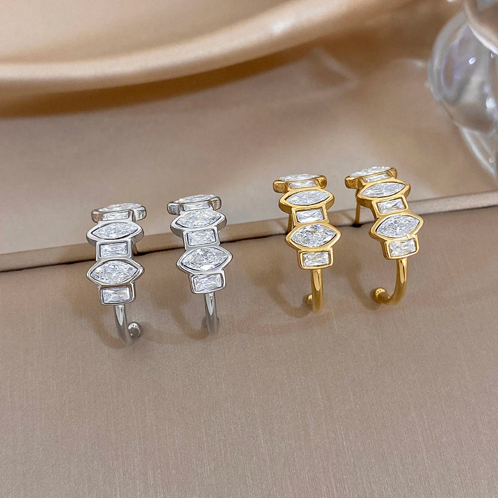 Geometric zirconia hoop stud earrings with stacked square stone accents