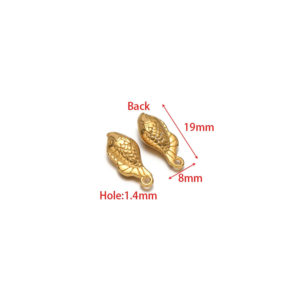 Gold-tone 3D fish charms, two solid fish pendants with attachment loops