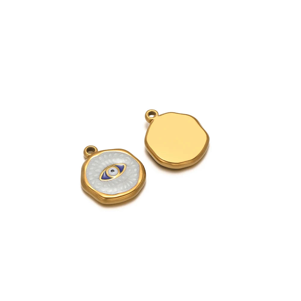 Evil eye charm pendants: white-blue eye icon with gold border and plain gold drop charm
