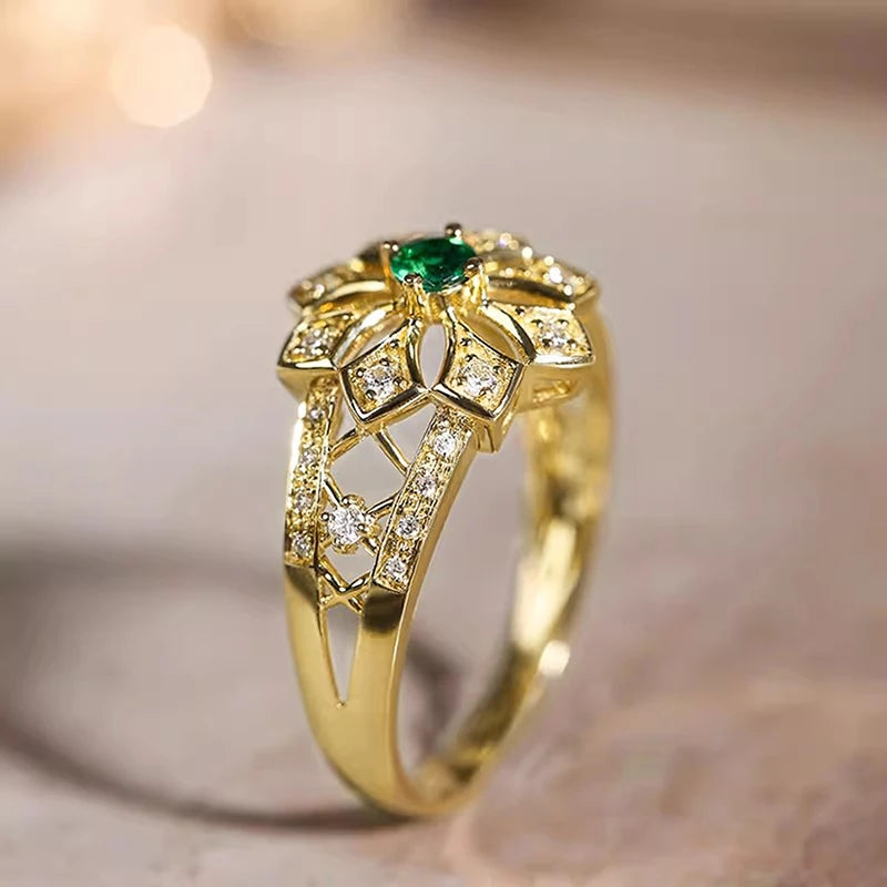 Green Cubic Zirconia Aesthetic Flower Rings For Women Wedding Anniversary Gift