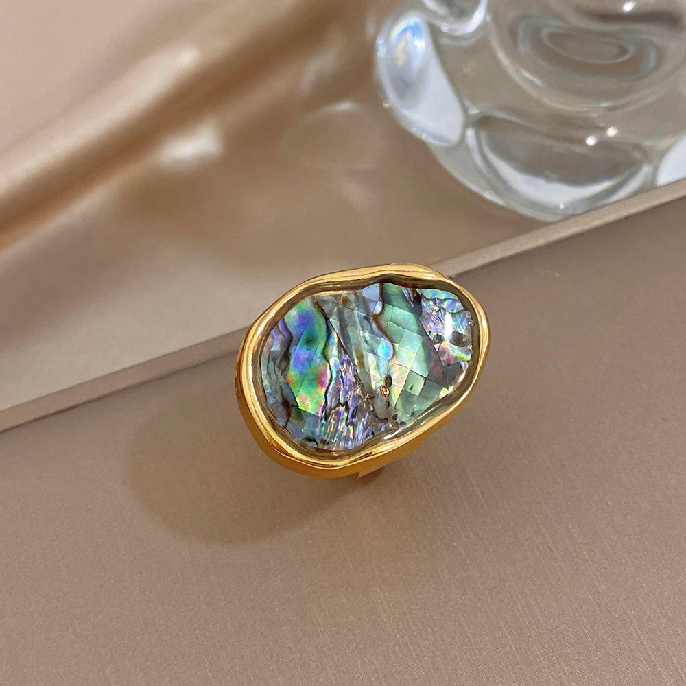 Gold-plated abalone shell chunky ring with glossy iridescent oval center stone