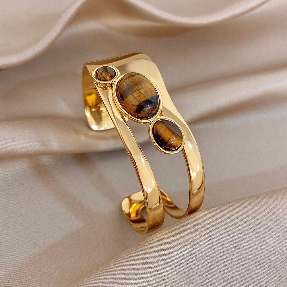 Retro Tiger Eye Stone Beads Cuff Bangle for Women Glossy Geometric Gold Plated Stainless Steel Wide Bracelets Waterproof Jewelry