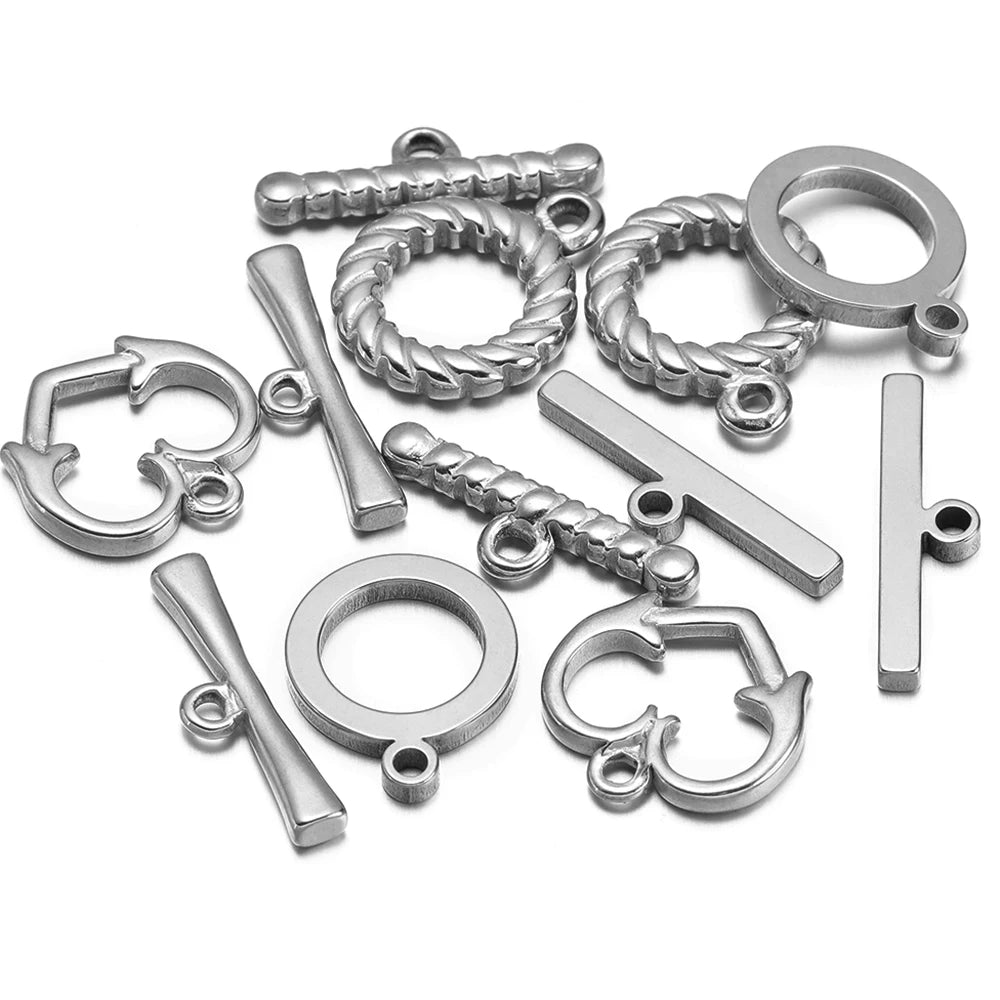 Silver stainless steel toggle clasp set with rings, bar fasteners, and heart clasp