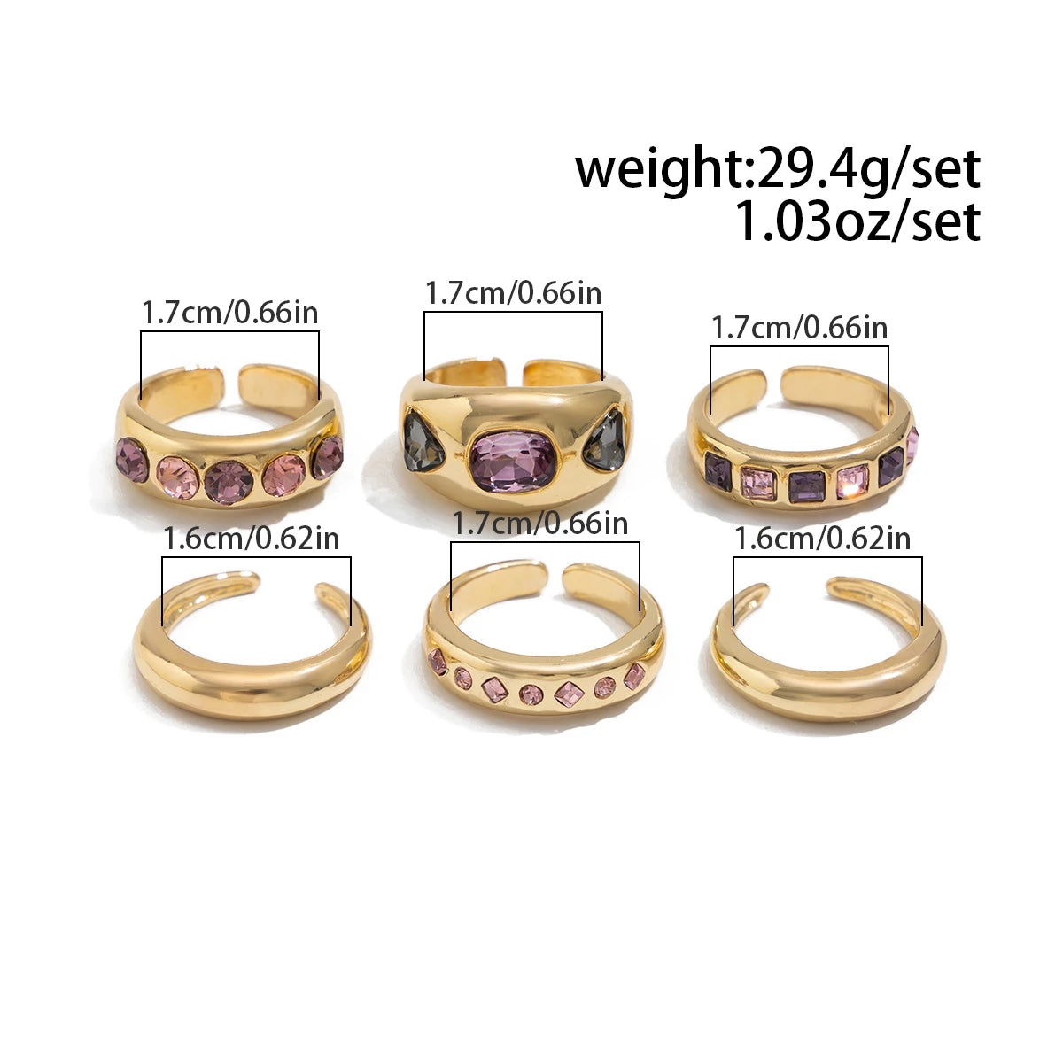 6Pcs Gold Adjustable Ring Daily Wear Jewelry Inlaid Purple Rhinestone Open Ring Set for Women