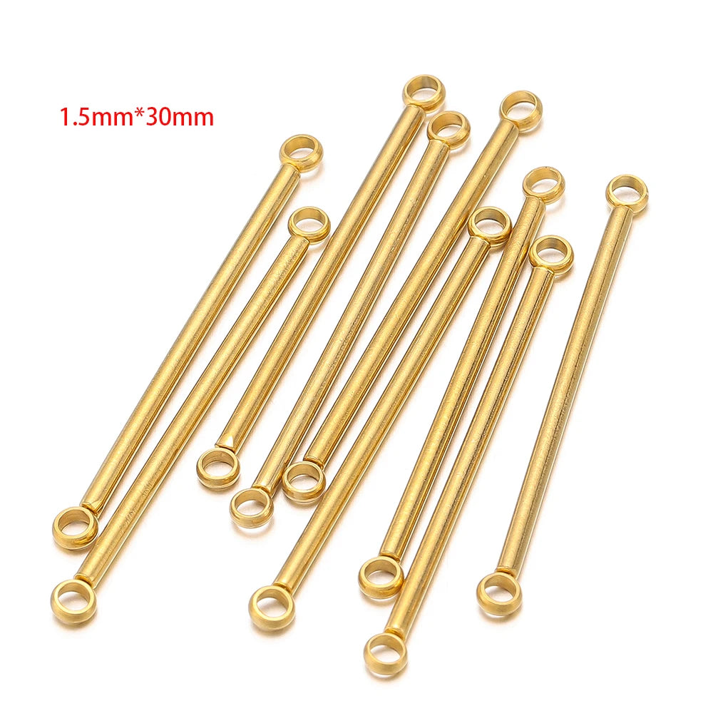 Gold stainless steel double-cylinder rod earring connectors, longer straight rods with eyelets