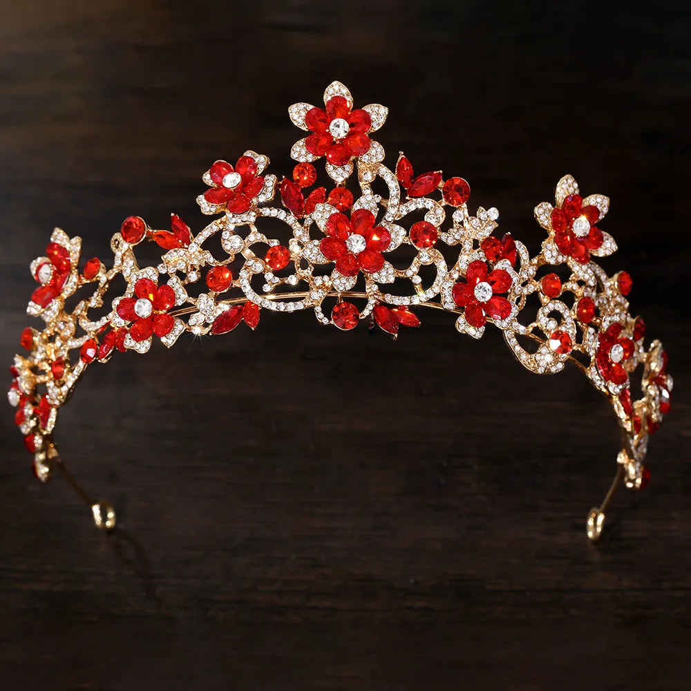 Rhinestone floral tiara with red crystal flowers and gold-tone scrollwork