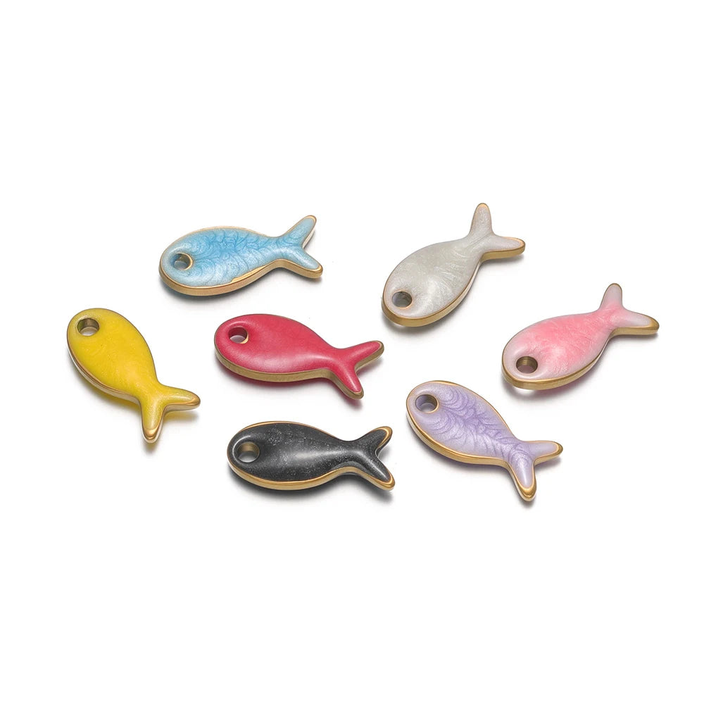 Set of colorful double-sided fish charms in blue, white, yellow, pink, black, purple