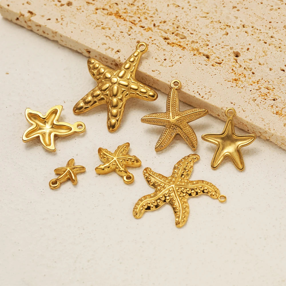 Gold starfish charm pendants with loop bails, assorted sizes for bracelet making