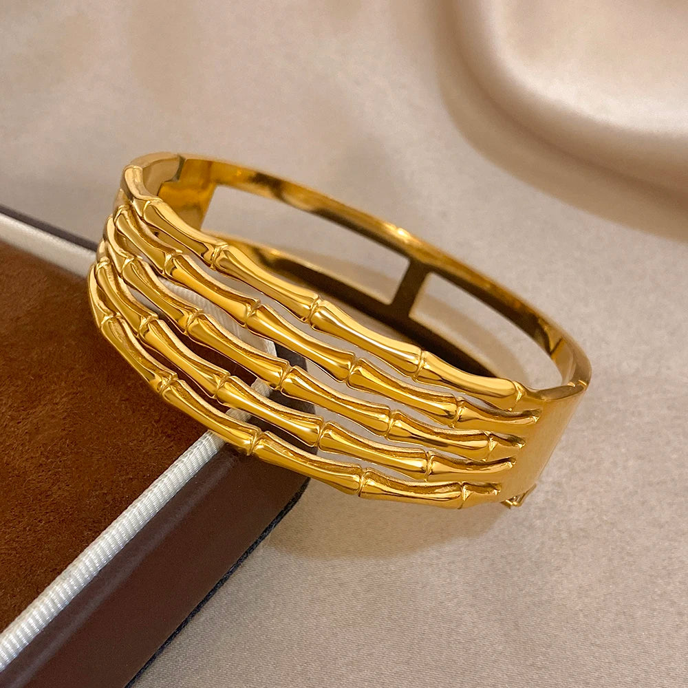 Unique Geometric Multilayer Bamboo Wide Bracelet Stylish Gold Plated Stainless Steel Cuff Bangle Bracelets Waterproof Jewelry