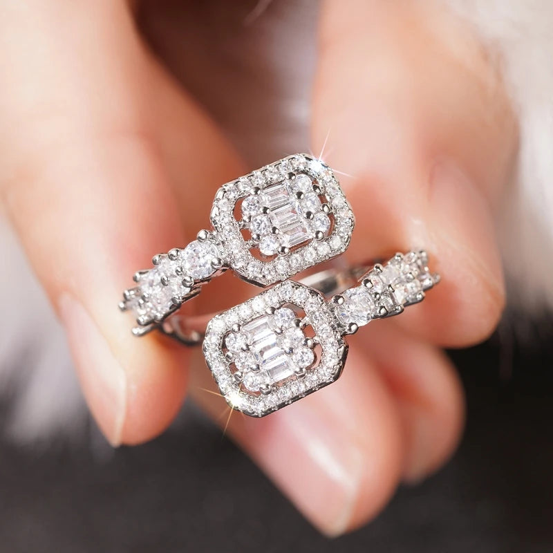 Luxury Silver Color Shiny Zirconia Opening Ring