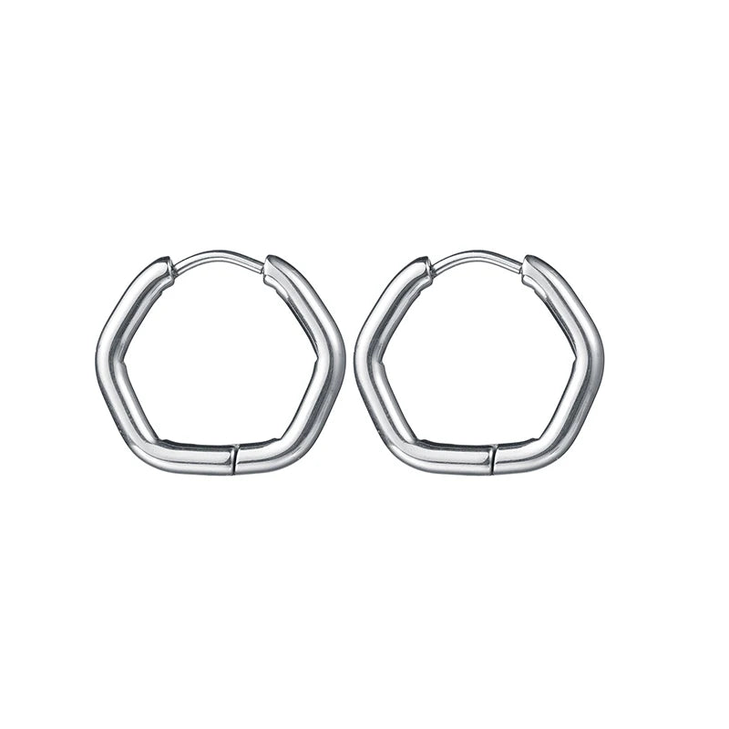 Silver-tone octagonal hoop earrings with hinged clasp, glossy stainless steel
