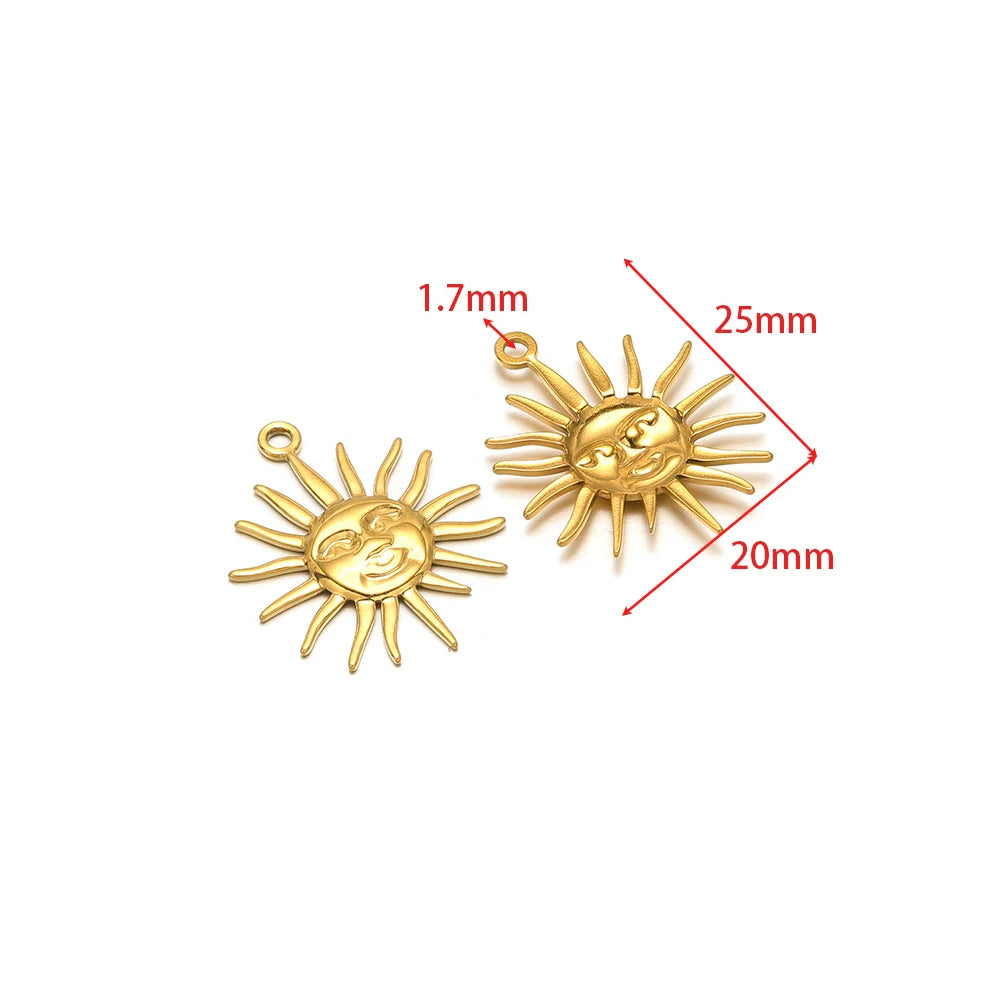 Gold smiling sun charm pendants with loop, two-piece set for DIY jewelry making