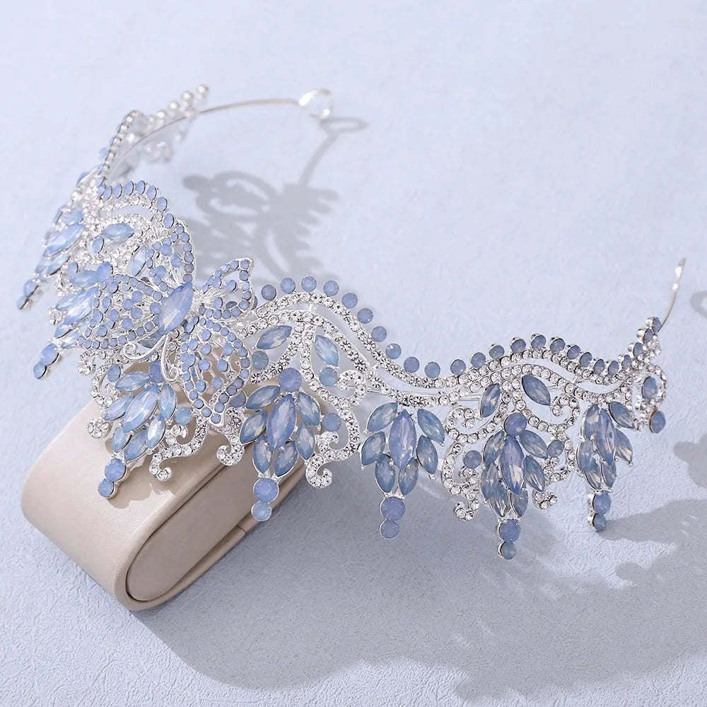Light blue rhinestone tiara headband with leaf and teardrop stone accents