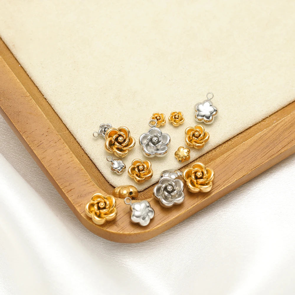 Gold and silver rose flower charm pendants with hanging loops, mixed set