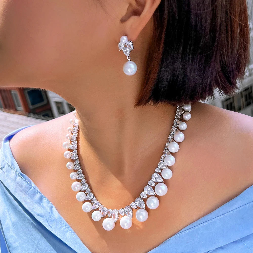 Pearl rhinestone choker necklace with matching drop earrings, silver-tone