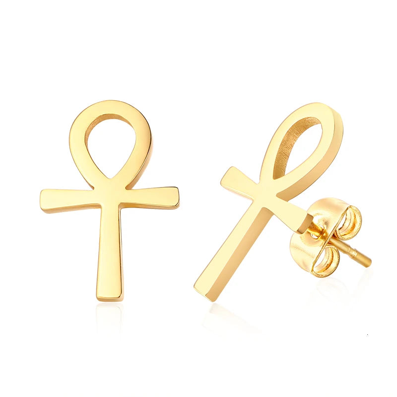 Gold ankh cross stud earrings with round post backs