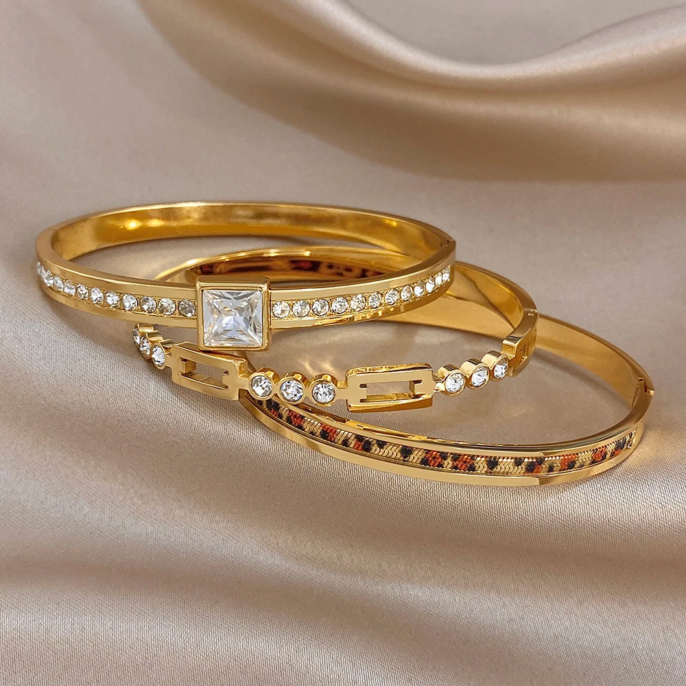 Trendy Gold Plated Stainless Steel Cuff Bangle Bracelets for Women Shiny Geometric Zircon Stackable Bracelet Waterproof Jewelry