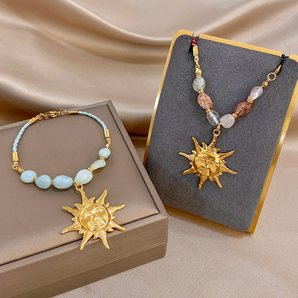 Beaded rope chain bracelets with gold sun face charms in blue and red styles