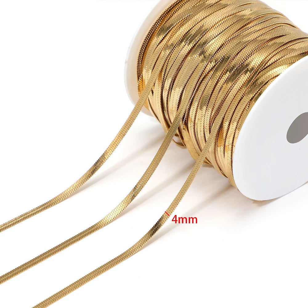 Gold flat snake chain cord, 4mm width, on white spool