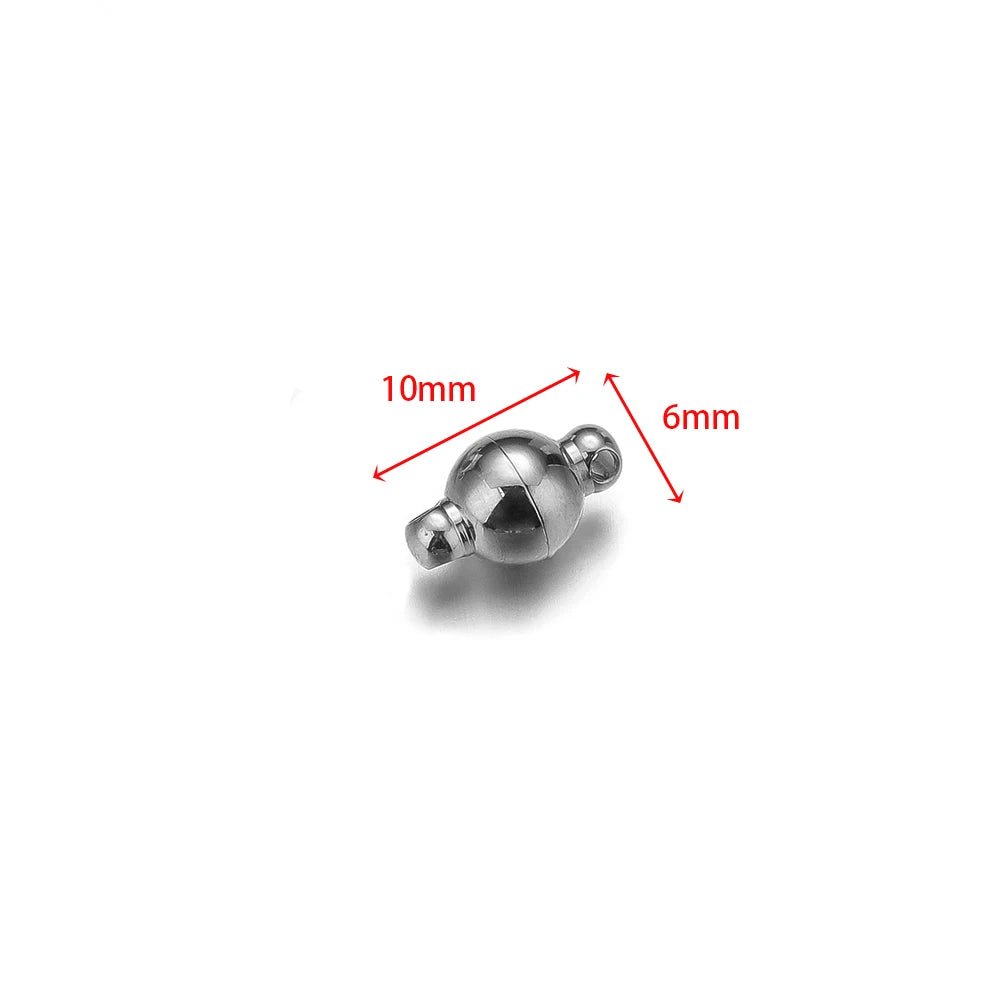 Silver round ball magnetic clasp with size labels: 10mm, 6mm