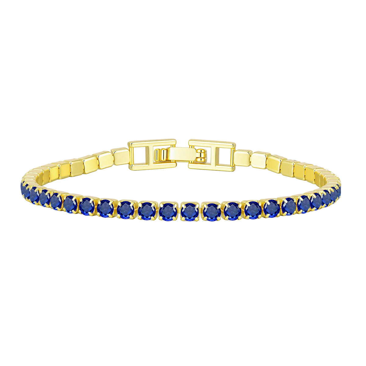 Gold tennis bracelet with blue cubic zirconia stones and hinged clasp detail