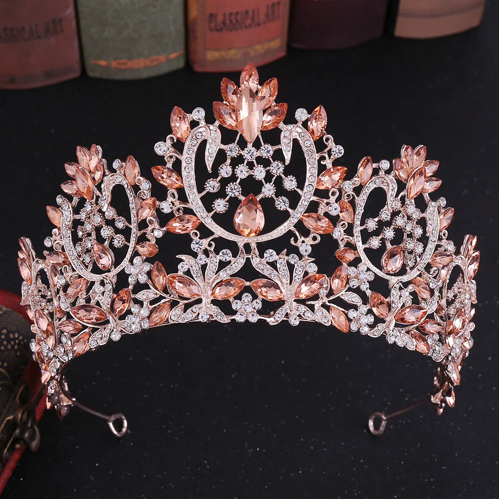Gold Color Champagne Crystal Pageant Crowns for Women Queen Diadem Bridal Tiaras Large Headpiece Wedding Hair Accessories
