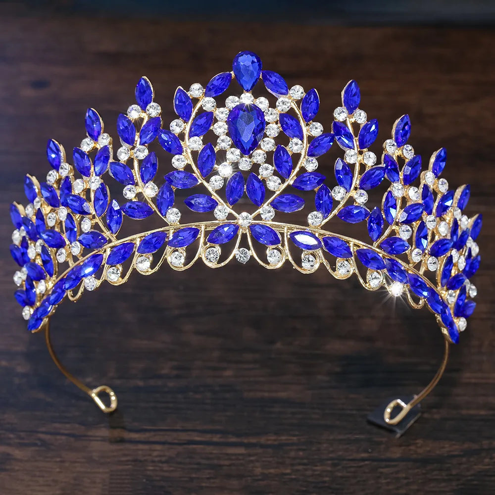 Blue crystal leaf-branch tiara with teardrop stones and arched headband