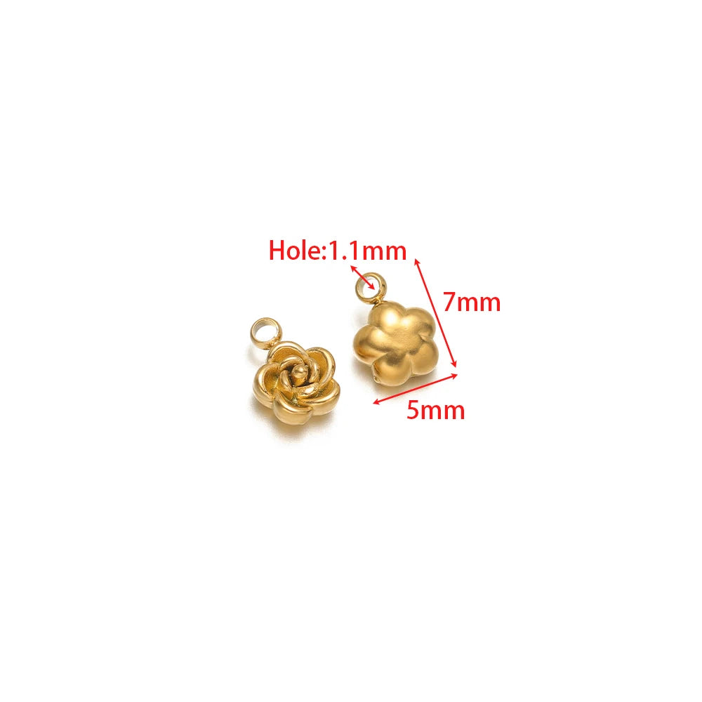 Gold rose flower charms (2-pack), 1.1mm loop hole, small 7mm flowers