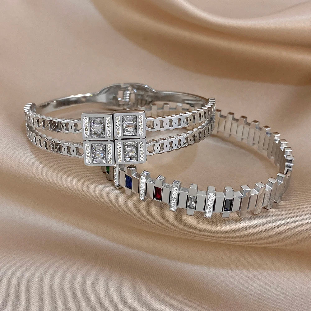 Silver-toned geometric zircon bangle bracelets with center square frame and blue-red stones