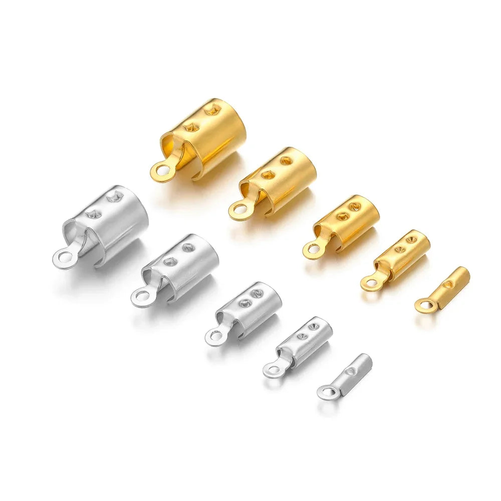 Crimp end bead caps: gold and silver metal tubes with side loop, crimp holes.