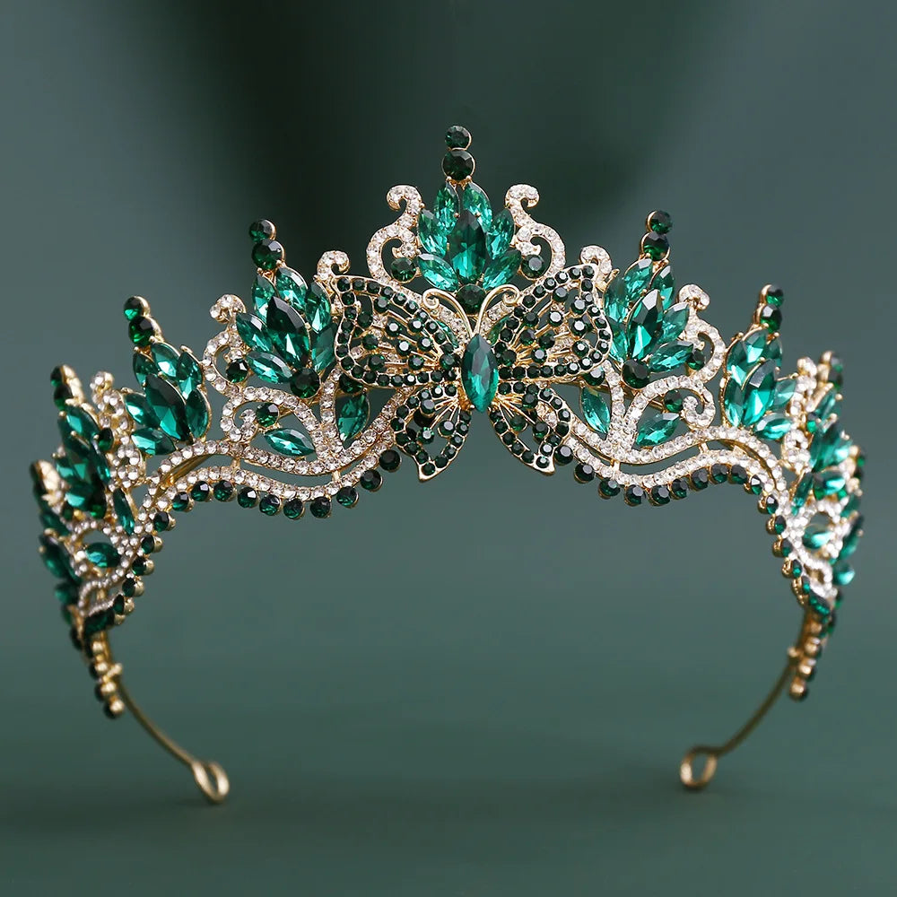 Green rhinestone tiara headband with faceted teardrop stones and scrollwork