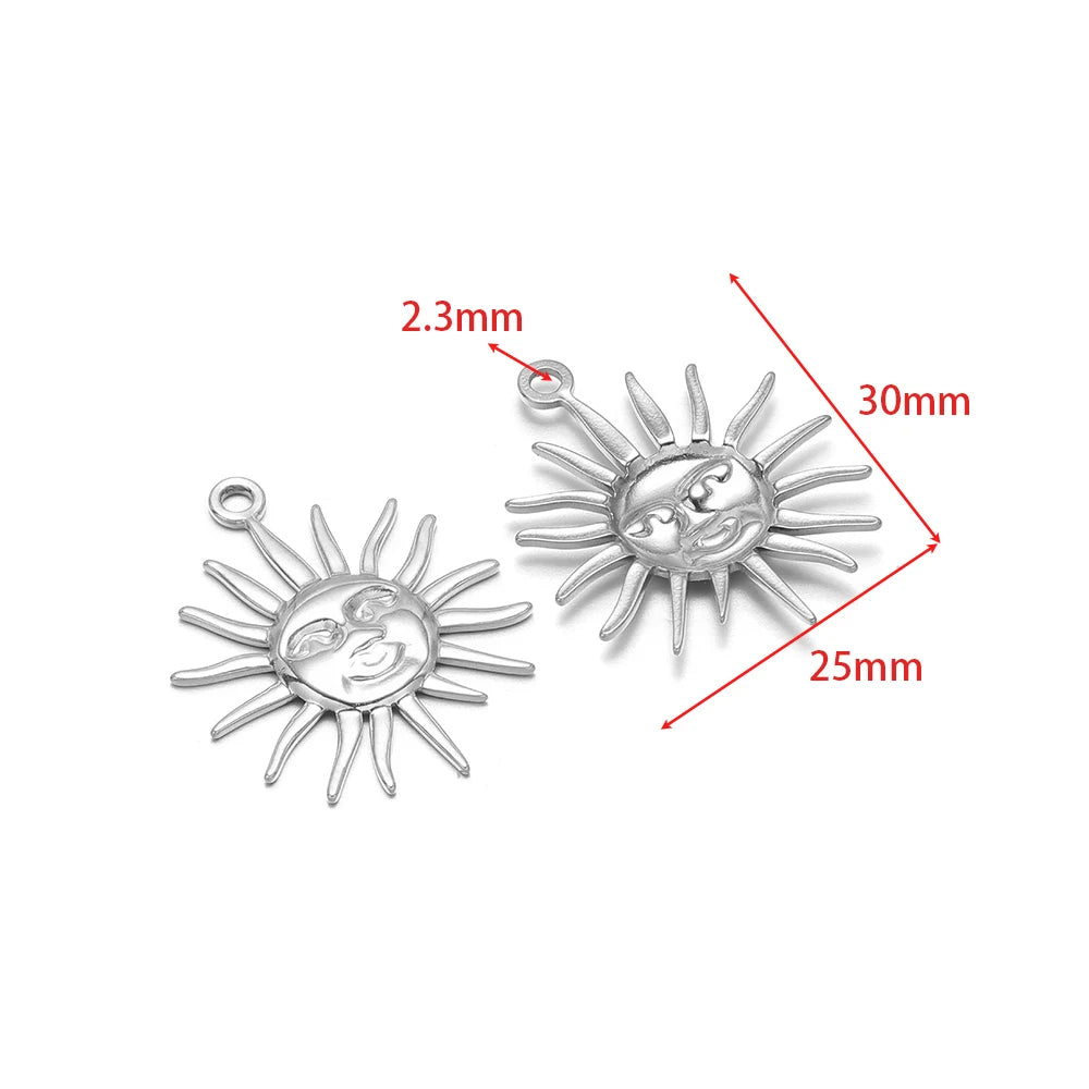 Silver smiling sun charm pendants with loop, two-piece set for DIY jewelry making