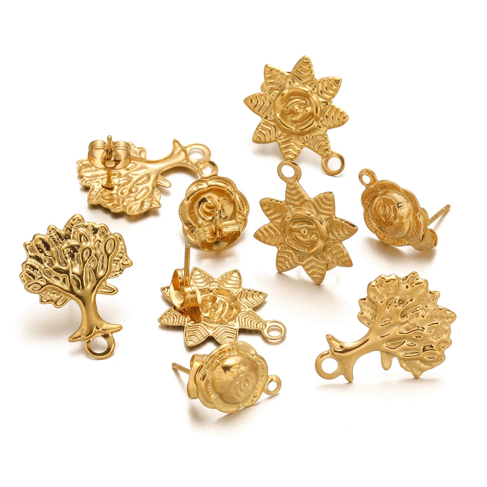Gold sunflower stud earring charms set with loop backs, Tree of Life style, 10pcs