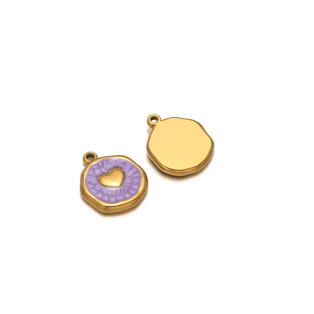 Gold teardrop charm with loop bail and purple evil-eye enamel round charm pendant