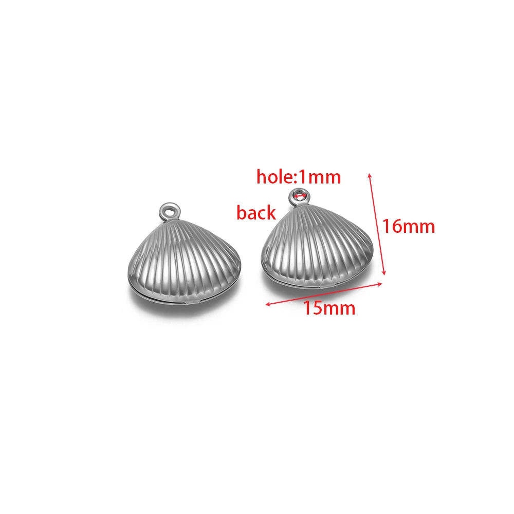 Silver-toned shell-shaped hollow charms with loop, size-labeled diagram
