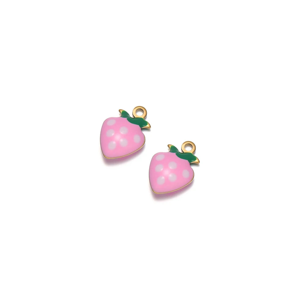 Pink strawberry drop enamel charms with gold-tone loop and green leaves, white polka dots