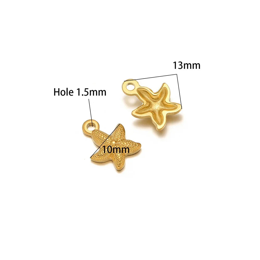 Gold starfish charm pendants, 13mm and 10mm, with 1.5mm holes