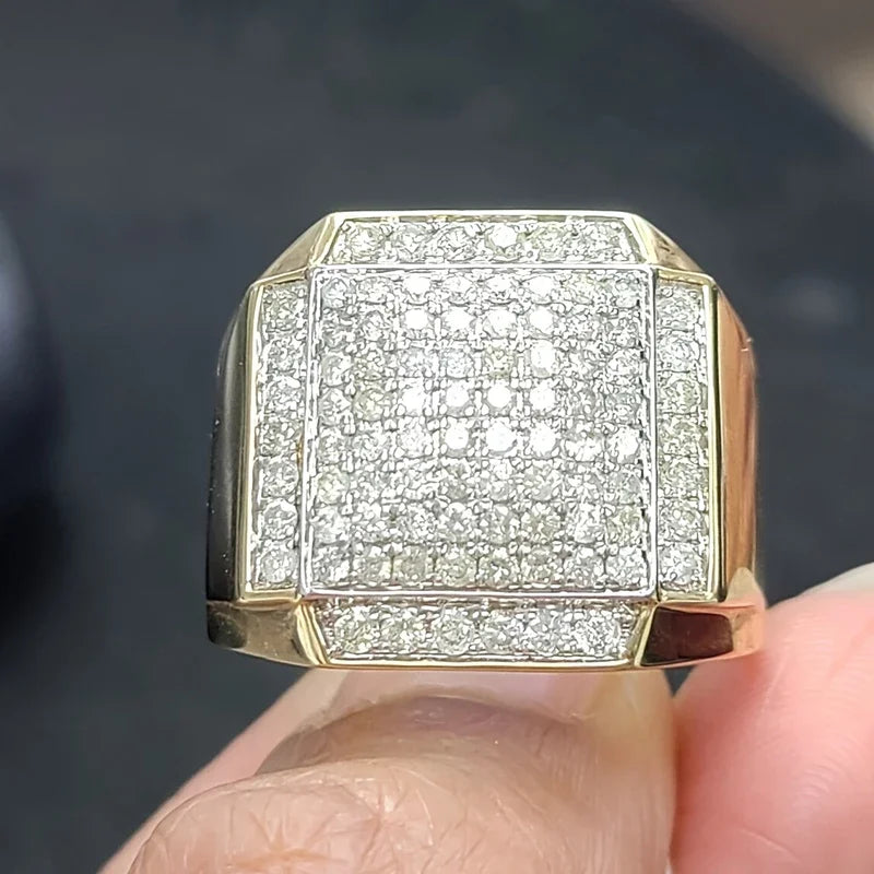 Gold-tone square CZ signet ring with pavé stones