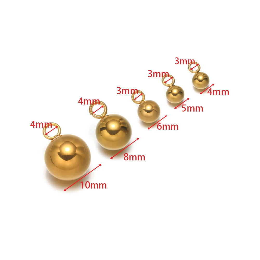 Gold plated ball charms size diagram with loops, solid spheres labeled 3–10mm