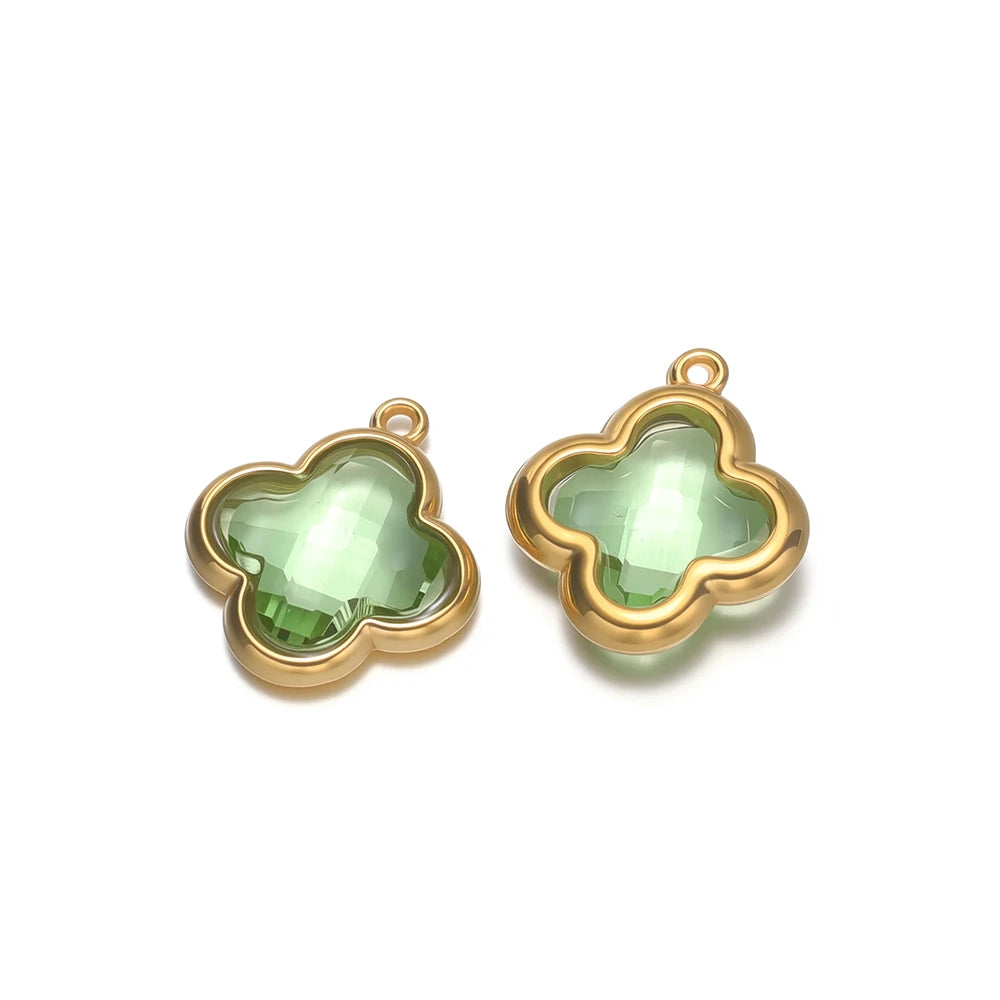 Four-leaf clover glass charm pendant in green with gold-tone loops, for DIY jewelry