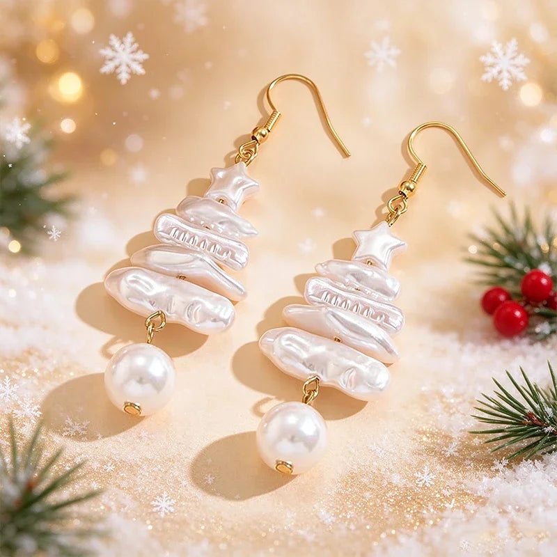 Christmas tree star drop earrings with faux pearl dangles on gold hooks