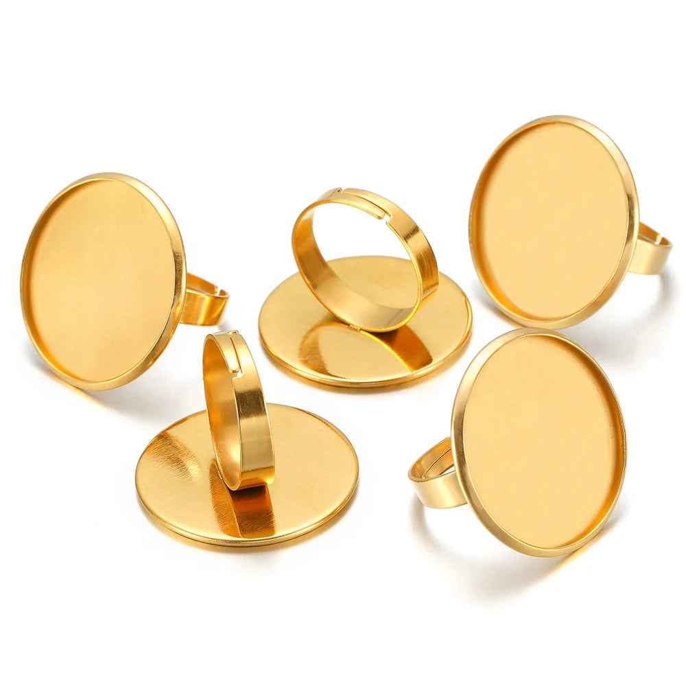 Gold round cabochon ring bezel settings, adjustable open-back blanks (10 pieces)