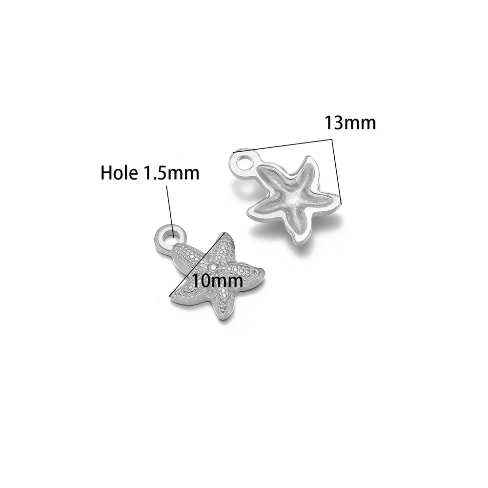 Silver starfish charms with 1.5mm hole, 10mm and 13mm sizes, loop bails