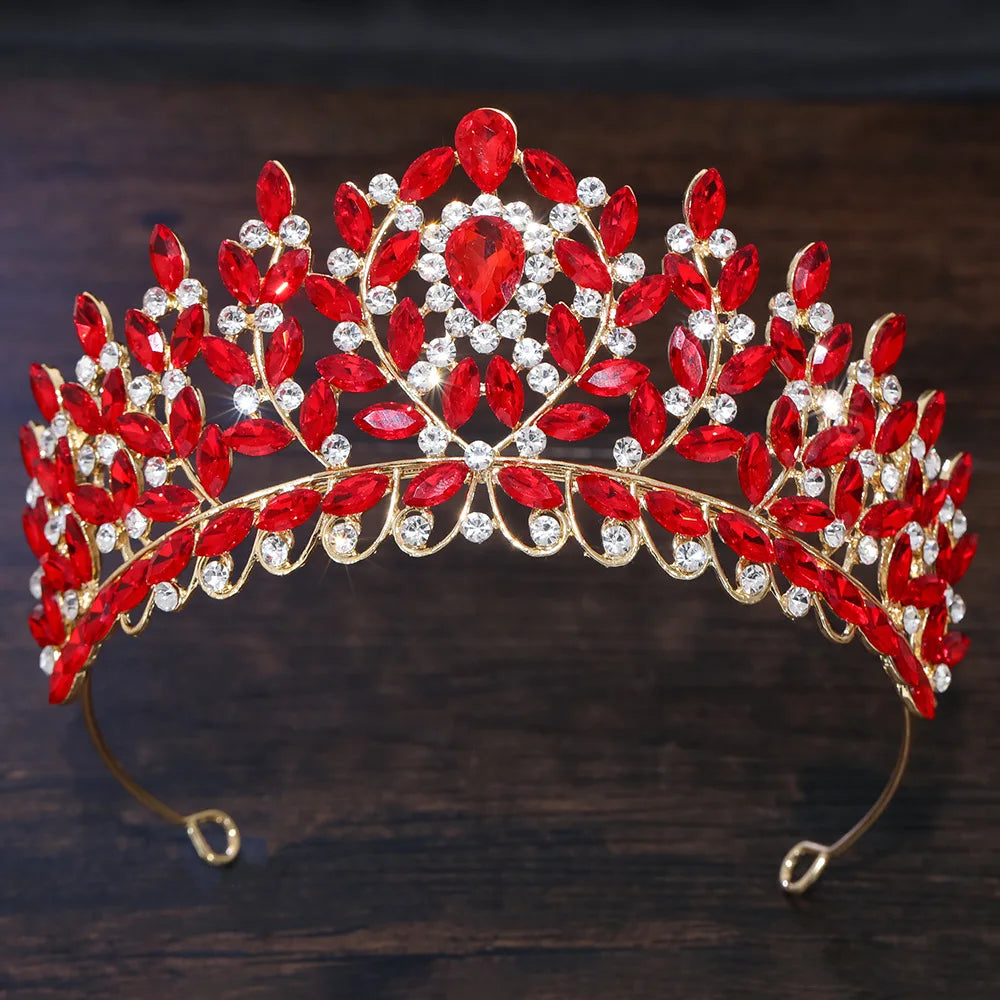 Red and clear crystal leaf-branch tiara with teardrop stones and arched headband