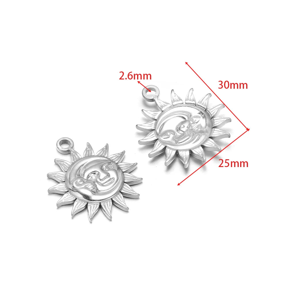 Silver-tone smiling sun charms with hanging loops, size diagram on white background