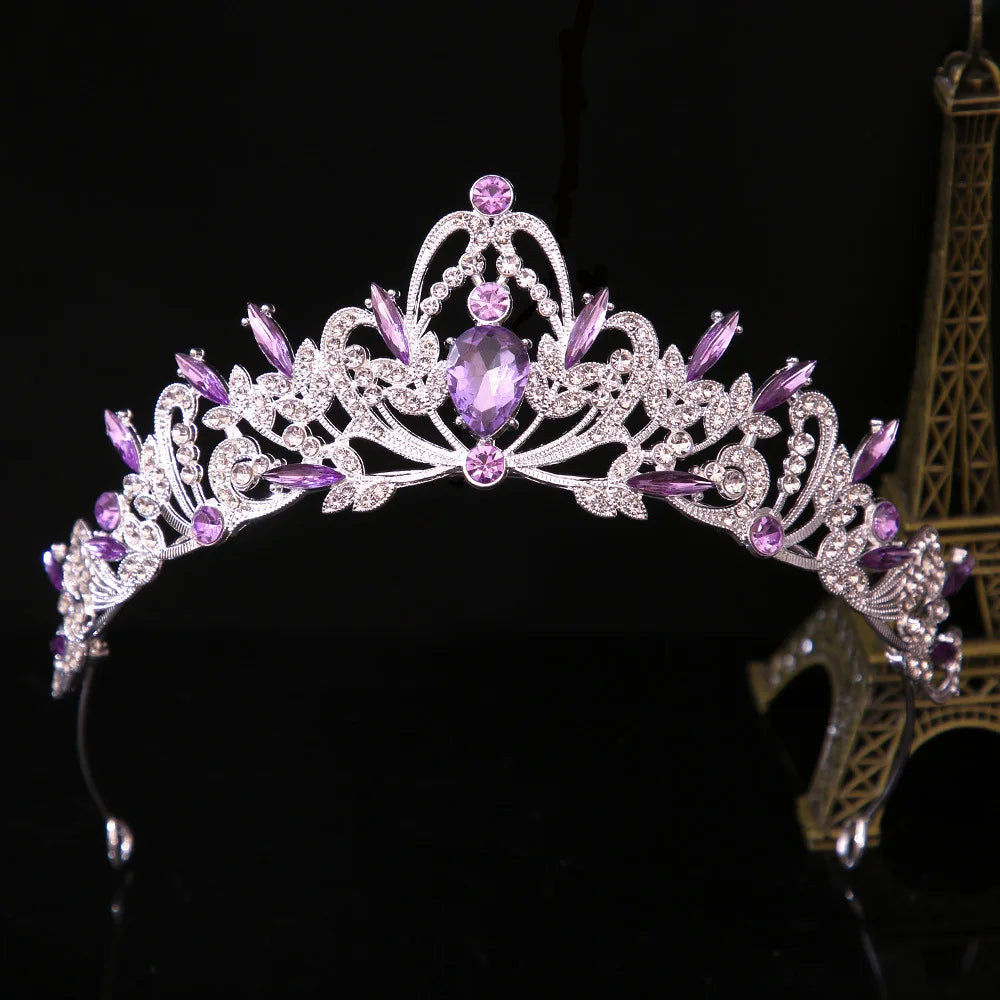 Princess tiara headpiece, silver-tone crown with purple crystal gemstones